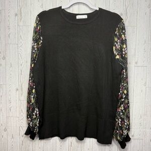 89th & Madison Size XL Lightweight Black Sweater with Sheer Floral Long Sleeves